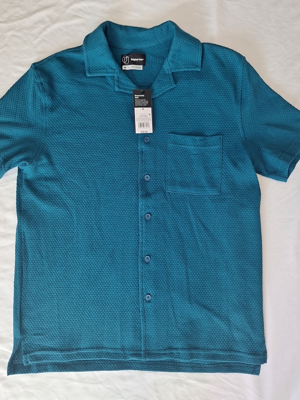 NWT Original Use Men's Knit Fabric  Short Sleeve Button Down Shirt  Teal Size M